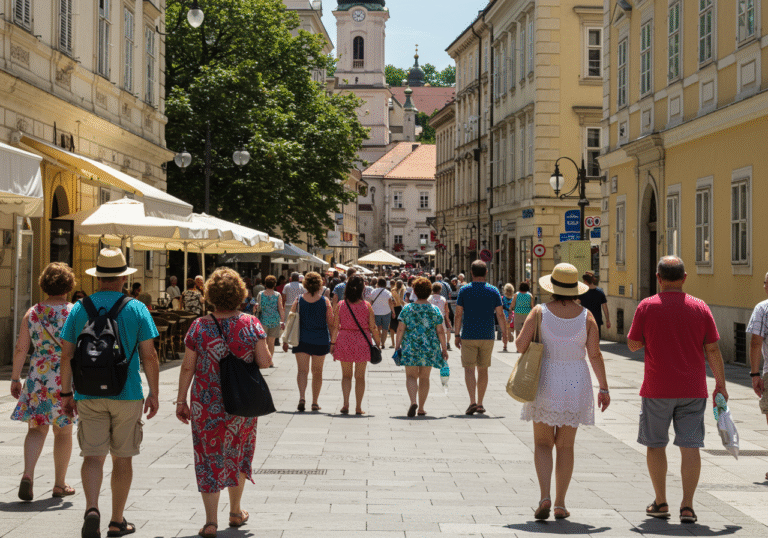A vibrant summer day in central Zagreb, Croatia, with numerous international tourists exploring the city's streets. People from diverse backgrounds, dressed in light summer attire, stroll past historic buildings and outdoor cafes. The scene is bustling with activity, reflecting the significant increase in tourist arrivals and overnight stays. Bright, natural sunlight illuminates the charming urban landscape, capturing the city's growing appeal as a popular European destination.