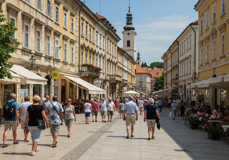 A wide-angle, sun-drenched street scene in Zagreb, Croatia, captured on a vibrant July 2025 day. Diverse international tourists, casually dressed for warm summer weather, stroll along a bustling pedestrian area, mingling with locals. Historic Central European architecture with terracotta roofs and ornate facades lines the street. Sunlight casts clear shadows, highlighting the lively atmosphere of a thriving urban destination. The scene conveys a strong sense of increased visitor activity and summer tourism in the Croatian capital.