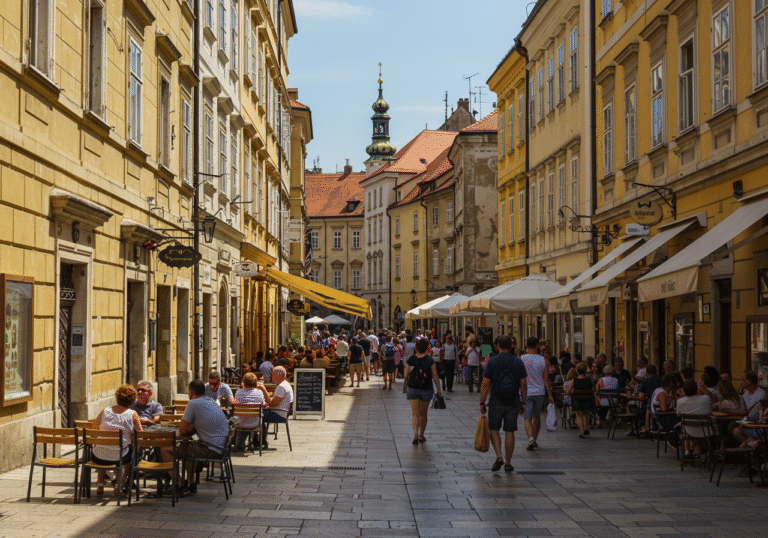 A bustling, sun-drenched street scene on a warm July afternoon in central Zagreb, Croatia. Pedestrians stroll along historic cobblestone streets, past outdoor cafes filled with people enjoying the vibrant atmosphere. Colorful traditional Croatian buildings line the street. A diverse mix of international tourists and local residents are seen, some sitting at cafe tables, others walking, reflecting Zagreb's popularity as a premier European city break destination.