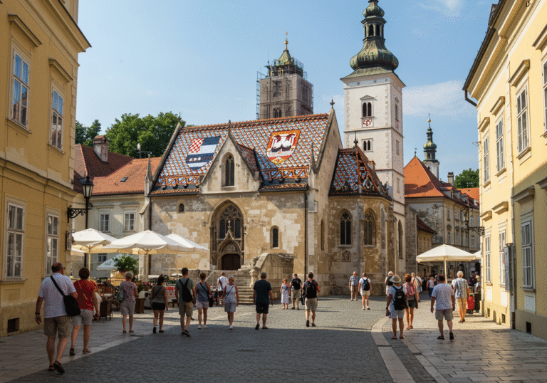 A wide, sun-drenched view of Zagreb's Upper Town (Gornji Grad) in July 2025. Tourists, a diverse mix including German, American, and Spanish visitors, are strolling along a charming cobblestone street near St. Mark's Church, admiring the vibrant tiled roof. The atmosphere is lively and pleasant, reflecting the city's successful summer tourism season. People are dressed in light summer attire, and the historic architecture of Croatia's capital is bathed in warm afternoon light.