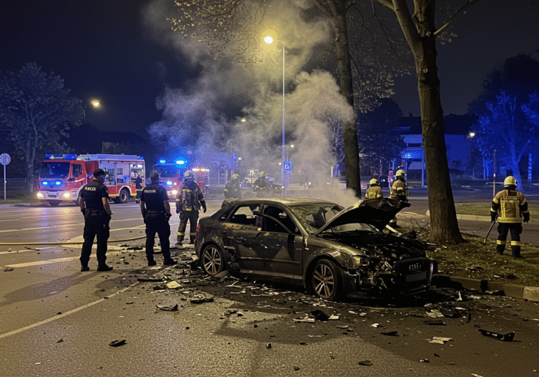 Late night, around 11:30 PM, at the intersection of Zagrebačka Avenija in the Špansko neighborhood of Zagreb, Croatia. The smoldering, extensively damaged wreckage of an Audi A3 car lies across the asphalt and pavement, with its engine visibly separated from the chassis. Debris and shattered car parts are scattered widely around a heavily impacted tree. Croatian police officers in dark uniforms and firefighters in protective gear are actively working at the scene, illuminated by the flashing red and blue lights of multiple emergency vehicles. Smoke and steam rise from the scorched remains of the vehicle, casting an eerie glow on the surrounding urban environment, conveying the raw aftermath of a violent car crash and recent explosion.