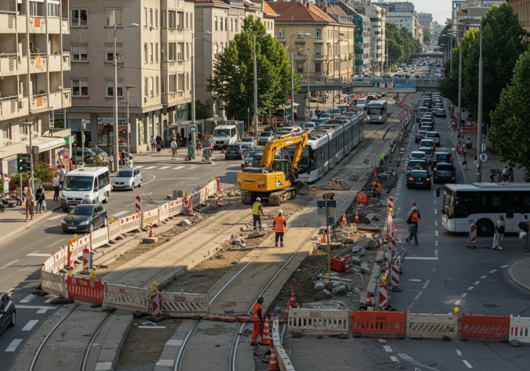 A realistic, wide shot of the busy intersection of Ulica grada Vukovara and Avenija Marina Držića in Zagreb, Croatia, on a bright summer morning. Extensive roadworks are underway, with construction workers in high-visibility vests operating heavy machinery, including an excavator, on and around the tram tracks. Temporary orange traffic cones and plastic barriers delineate the work zone, causing vehicle lanes to merge or be redirected. A line of cars and city buses is visible, experiencing traffic congestion, with drivers showing expressions of patience or slight frustration. Pedestrians cautiously walk on the sidewalks, navigating the area near the construction site. The urban environment of Zagreb's city buildings forms the background.