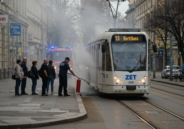 Morning light on Kneza Mislava Street in central Zagreb, Croatia. A ZET tram, line 13, is stationary with a visible plume of smoke emanating from its front motor carriage. The tram driver, dressed in uniform, is intently aiming a red fire extinguisher towards the smoking section. A small group of eight evacuated passengers stands on the adjacent pavement, looking towards the tram. In the background, a Public Fire Department Zagreb vehicle is just arriving on the scene, its emergency lights flashing subtly, as the driver's intervention has already contained the immediate fire. The atmosphere is contained and alert, with no signs of panic.