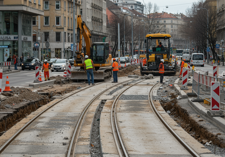 Daytime scene of extensive tram track reconstruction at the busy intersection of Ulica grada Vukovara and Avenija Marina Držića in Zagreb, Croatia. Construction workers in high-visibility vests and hard hats are actively working amidst heavy machinery, including an excavator and a paver. Sections of the road are dug up, revealing a new concrete base and sections of newly laid metal tram tracks and switch assemblies. Orange traffic cones and temporary barriers delineate the construction zone, as redirected vehicle traffic, including Zagreb city buses and cars, navigates the remaining lanes. The atmosphere is bustling with urban activity and ongoing civil engineering work under a clear sky.