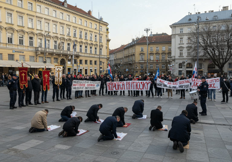 A wide editorial photograph on Ban Jelačić Square in Zagreb, Croatia, on a clear Saturday morning. The square is populated by two distinct groups: a prayer group kneeling and holding religious banners, showing quiet devotion, and nearby, a group of protestors standing, holding banners with clear messages, and rhythmically beating drums. Croatian intervention police officers in their uniforms are visibly present, overseeing the scene and ensuring public order. The morning light casts a soft glow over the bustling urban environment, depicting a unique yet peaceful coexistence of differing public expressions.