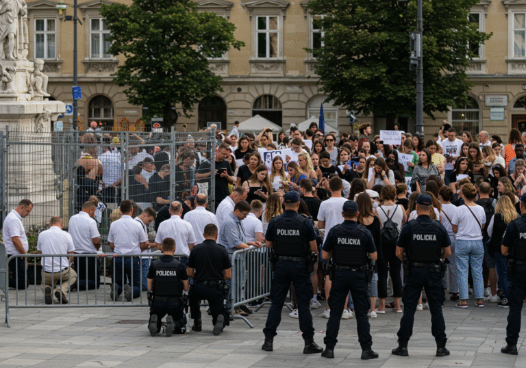 Early morning on the first Saturday of August 2025, Ban Jelačić Square, Zagreb, Croatia. A group of men, some kneeling and holding rosaries, are gathered within a designated, fenced-off area for prayer. Adjacent to them, a diverse crowd of protesters, led by artist Arijana Lekić-Fridrih, stands in a solemn demonstration, their expressions reflecting a quiet somberness as they commemorate victims of femicide. Some protesters are positioned very close to the perimeter of the prayer group's enclosure. Croatian interventna policija officers and private security personnel are strategically positioned between and around the two gatherings, observing the scene with watchful vigilance, capturing the palpable tension between the ideologically opposed groups.