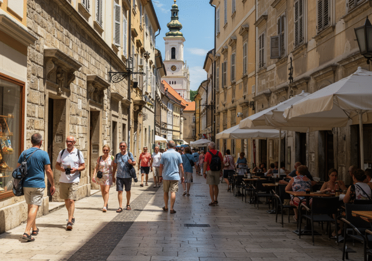 A vibrant summer day in Zagreb, Croatia, in July 2025. Diverse international tourists, including individuals from Germany, the United States, and Spain, are leisurely walking through a charming pedestrian street in the historic city center. They are dressed in light summer attire, some holding small guidebooks or cameras, while others are pausing to admire the surrounding architecture or sitting at an outdoor cafe. Bright sunlight casts long shadows on the stone buildings, reflecting the city's rich cultural ambiance and its appeal as a dynamic city break destination.