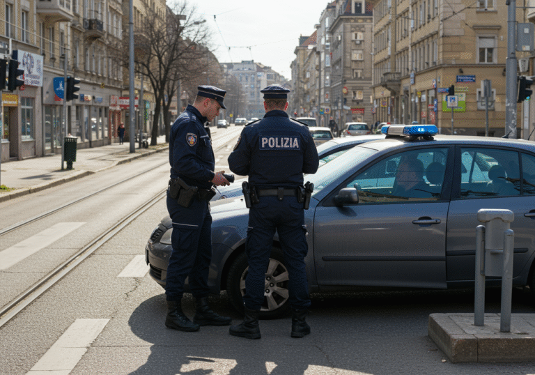 Two Croatian police officers in dark blue uniforms conduct a traffic stop on Savska cesta in Zagreb, Croatia. It is a clear, sunny afternoon, around 1:40 PM. One officer is positioned by the open driver's side door of a civilian car, appearing to interact with a 59-year-old male driver. The officer might be holding a portable breathalyzer device. The other officer stands nearby. The urban street environment in the background shows signs of traffic, possibly including tram tracks or designated lanes, reflecting a busy area. The scene is realistic and depicts a professional police procedure.