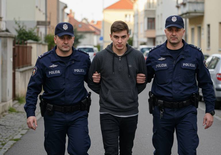 A 23-year-old man, with a serious expression, being escorted by two uniformed Croatian police officers on a residential street in Sesvete, Zagreb, Croatia. The officers are wearing standard dark blue Croatian police uniforms with visible official insignia. It is daytime, under clear natural light, with typical Croatian residential buildings and parked cars visible in the background. The scene conveys a sense of official procedure.