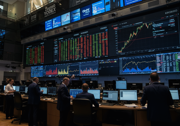 A professional, quiet atmosphere inside the Zagreb Stock Exchange in Croatia, late afternoon on August 8, 2025. Financial professionals in business attire are observing large display screens showing real-time stock market data, including the CROBEX index. The soft ambient light suggests the end of the trading day. Some screens show complex financial charts and numbers, reflecting a dynamic market, with a subtle emphasis on the current day's closing figures. The modern, clean interior design subtly incorporates elements of Croatian architecture.