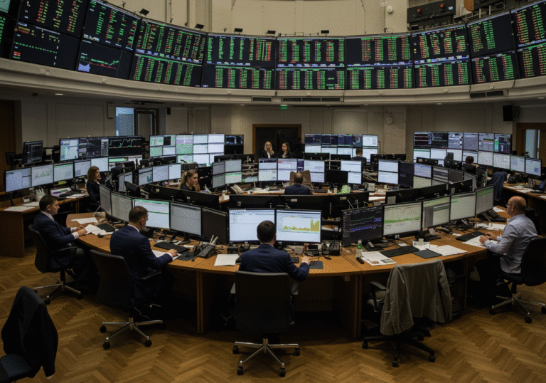 A wide, natural light photograph of the bustling trading floor at the Zagreb Stock Exchange in Zagreb, Croatia, on a clear Wednesday morning, August 7, 2025. Financial professionals in sharp business attire are intently focused on multiple computer monitors displaying complex real-time stock charts, graphs, and dynamic numeric data. Some individuals are seen making precise inputs on keyboards or engaged in quiet, focused discussions. The room is well-lit by a combination of natural daylight streaming through large windows and overhead office illumination, creating a professional and concentrated atmosphere reflecting high-volume financial activity.