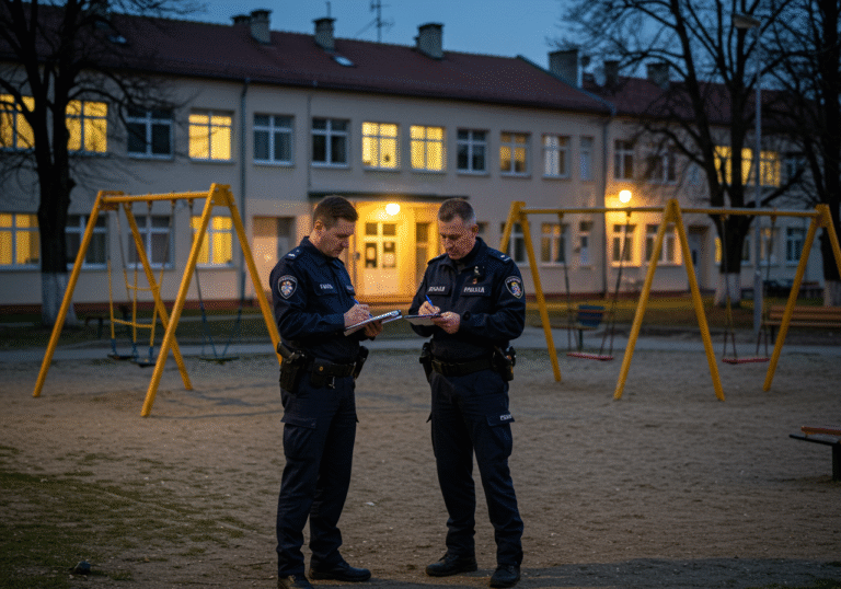 Two Croatian police officers from the Zagreb Police Department, wearing standard dark blue uniforms, stand on a school playground in Zagreb at dusk. One officer holds a notepad and pen, appearing to take notes, while the other looks pensively towards the empty swings and climbing structures. The multi-story building of a typical Croatian school is visible in the background, bathed in soft, fading evening light. The overall atmosphere is serious and investigative.