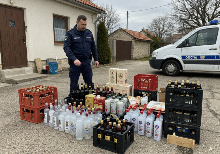 A Croatian customs officer, wearing a dark blue uniform, stands next to a large quantity of confiscated alcoholic beverages, including clear rakija and red wine in various bottles and containers, some stacked in crates. The scene is set outdoors, in front of a typical family house in a rural or semi-rural area of Lovreć, Croatia. A white Croatian customs vehicle, likely a van, is partially visible nearby. The officer is focused on the seized goods, reflecting an official enforcement action under bright daylight.
