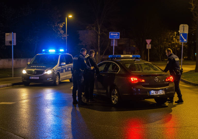 Late night in Zaprešić, Croatia. Croatian police officers in dark blue uniforms with reflective elements are apprehending a 19-year-old male driver next to a dark Opel sedan with Zagreb license plates. The Opel is stopped at the intersection of Tržna ulica and Ulica Jure Petrekovića. A marked Croatian police patrol car with flashing blue and red lights is positioned behind, casting intense light on the scene. The street is wet from recent rain, reflecting the vehicle lights and the yellow glow of distant streetlights. The atmosphere is tense and focused, capturing the moment of the arrest.