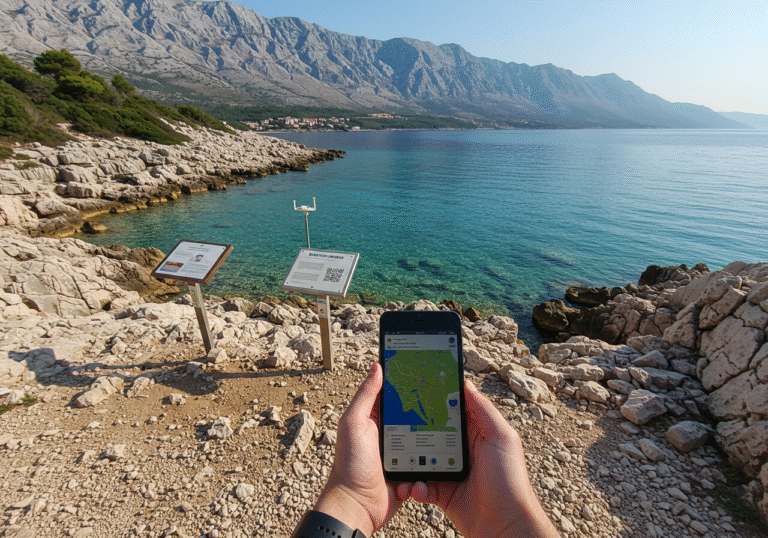 A person, dressed in light summer clothes, stands on the rocky coastline of a secluded cove in Zavratnica, Croatia, within the protected Velebit Nature Park. The crystal-clear, calm turquoise waters of the Adriatic Sea stretch out before them, with the imposing Velebit mountain range rising dramatically in the background. The individual is holding a mobile device, focused on its screen, which shows an interactive digital map displaying real-time sea quality data. Close by, an information board with a visible QR code is anchored into the coastal terrain. The scene is well-lit by natural daylight, emphasizing the vibrant colors of the Mediterranean landscape and the serene beauty of the Croatian coast.