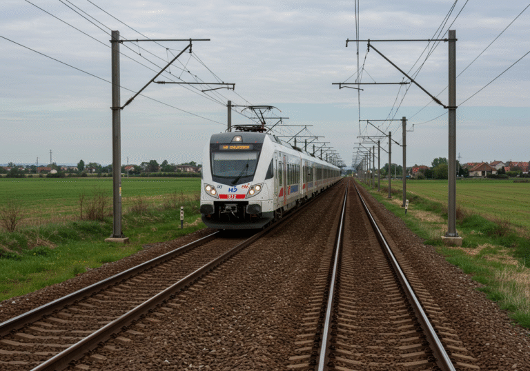 A modern, sleek Croatian Railways (HŽ) low-floor electric passenger train, with white, blue, and red livery, moves smoothly on a newly reconstructed double-track railway line. The tracks are pristine with modern overhead electrification gantries stretching into the distance. The setting is the flat, green rural landscape of northern Croatia, perhaps between Koprivnica and Zagreb, with fields and scattered villages visible under a clear, bright daylight sky. The scene conveys efficiency and progress in the national railway infrastructure.