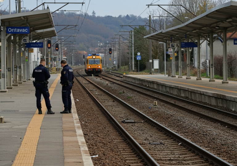 Early morning light filters through a cool, possibly overcast sky over the railway station in Oriovac, Brod-Posavina County, Croatia. Two Croatian police officers, dressed in their dark blue uniforms, stand near a set of railway tracks, intently looking at the ground as part of an investigation. A yellow or orange railway maintenance vehicle is visible further down the track, a quiet presence in the background. The atmosphere is somber and reflective of a serious incident.