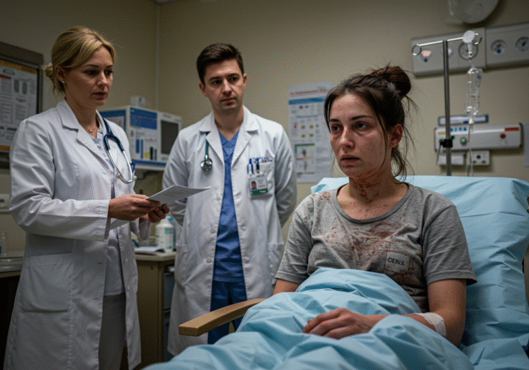 A candid, editorial photograph capturing a 29-year-old woman from Dalmatia, Croatia, in a sterile hospital examination room or an emergency department waiting area. She is seated or partially reclined, appearing pale and physically unwell, her face etched with exhaustion and discomfort from severe inflammation. A female doctor and a male nurse, both in medical scrubs, stand nearby, their professional expressions subtly hinting at growing medical suspicion. The scene is illuminated by cool, practical fluorescent lighting, casting a somber, clinical atmosphere, characteristic of a public hospital in Croatia during late December.