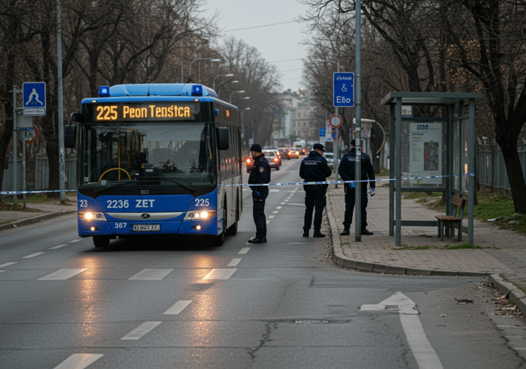 Early Monday morning in eastern Zagreb, Peščenica district. A blue and white ZET city bus, line 225, is parked at a deserted bus stop, surrounded by yellow police tape. Several Croatian police officers in dark blue uniforms are conducting an investigation around the bus. Soft, cool morning light casts long shadows on the quiet street.