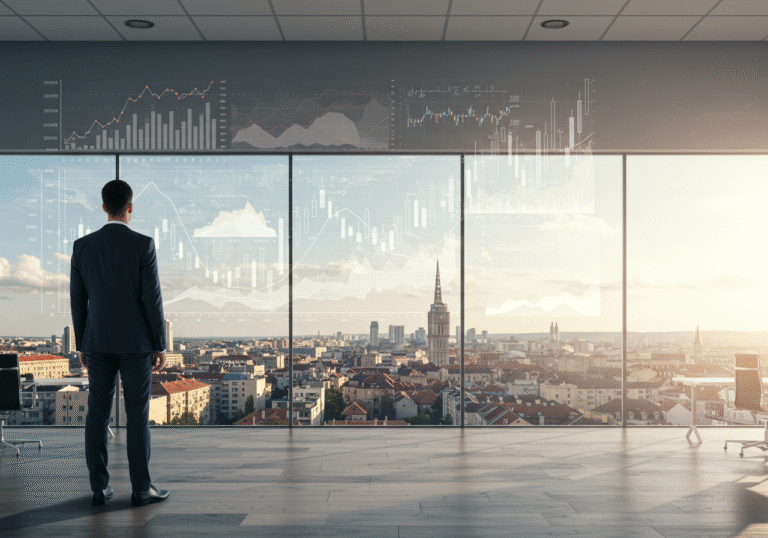 A confident Croatian business executive, dressed in a sharp suit, stands in a modern, sunlit office overlooking a bustling cityscape of Zagreb. Their gaze is fixed on a large digital display showcasing abstract financial graphs and dynamic stock market data. The atmosphere is professional and positive, reflecting strong financial performance and market confidence during daytime trading hours.