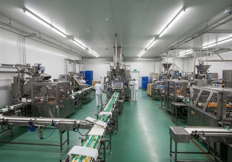 Brightly lit, wide-angle interior shot of a large, modern food processing and packaging facility in Croatia. Gleaming stainless steel machinery is actively running on production lines, with conveyor belts moving various food products. A few uniformed workers are visible, meticulously overseeing the automated processes. The scene conveys high efficiency and robust industrial production, reflecting significant growth for a major Croatian food company.