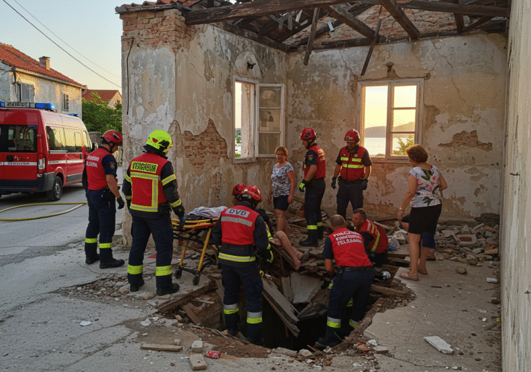 August 2, 2025, late afternoon on Zlarin island, Croatia. Croatian firefighters from the Zlarin Volunteer Fire Department (DVD Zlarin) are actively engaged in a rescue operation within the dilapidated family house of celebrated poet Vesna Parun. A large section of the wooden floor has collapsed into a void below. Ten firefighters in their uniforms are carefully attending to an injured woman who is being assisted near the wreckage, while another woman stands nearby. The interior of the house shows significant signs of disrepair, with crumbling walls and exposed, rotting wooden beams. Golden hour sunlight filters through an old window, illuminating the scene. Two Zlarin Volunteer Fire Department vans are parked on the narrow, sunlit street outside the house.