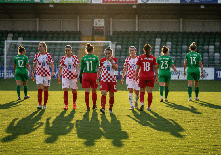 Late afternoon sunlight casts long shadows across the pitch at Athlone Town Stadium in Lissywollen, Ireland, following a UEFA Women's Champions League match. Croatian ŽNK Agram football players, dressed in their team's kit, stand on the field, their faces showing clear disappointment and frustration after their 3-0 loss and elimination. In the background, a few Athlone Town players are seen exchanging high-fives and celebrating their victory. The stadium seating and goalposts are visible, typical of a professional football venue.